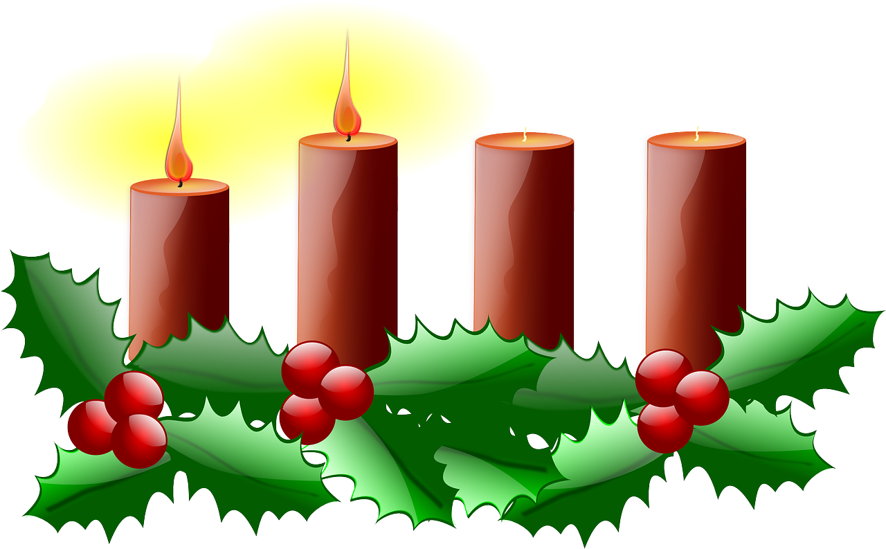 four red candles on a bed of holly, two of which are lit.