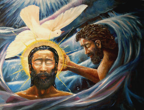 image of jesus in the water with John the baptist with a dove over his head