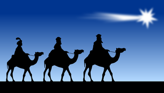 Silhouettes of the three wise men riding camels following a star against a night sky.