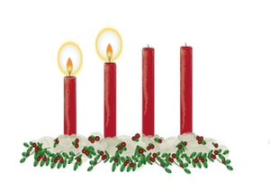 an advent wreath with 4 red candles, two of which are lit